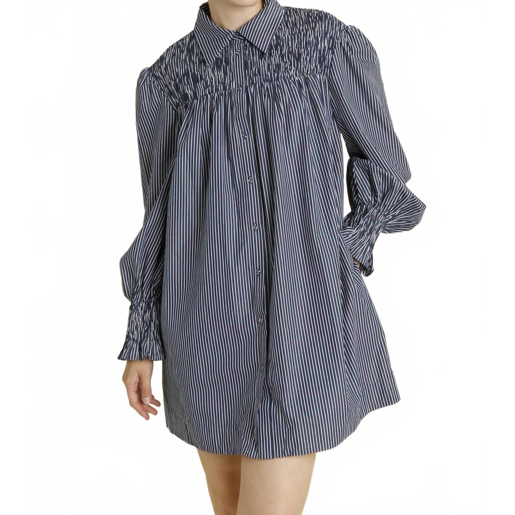 New Aureum Smocked Stripe Shirt Dress In Navy/White